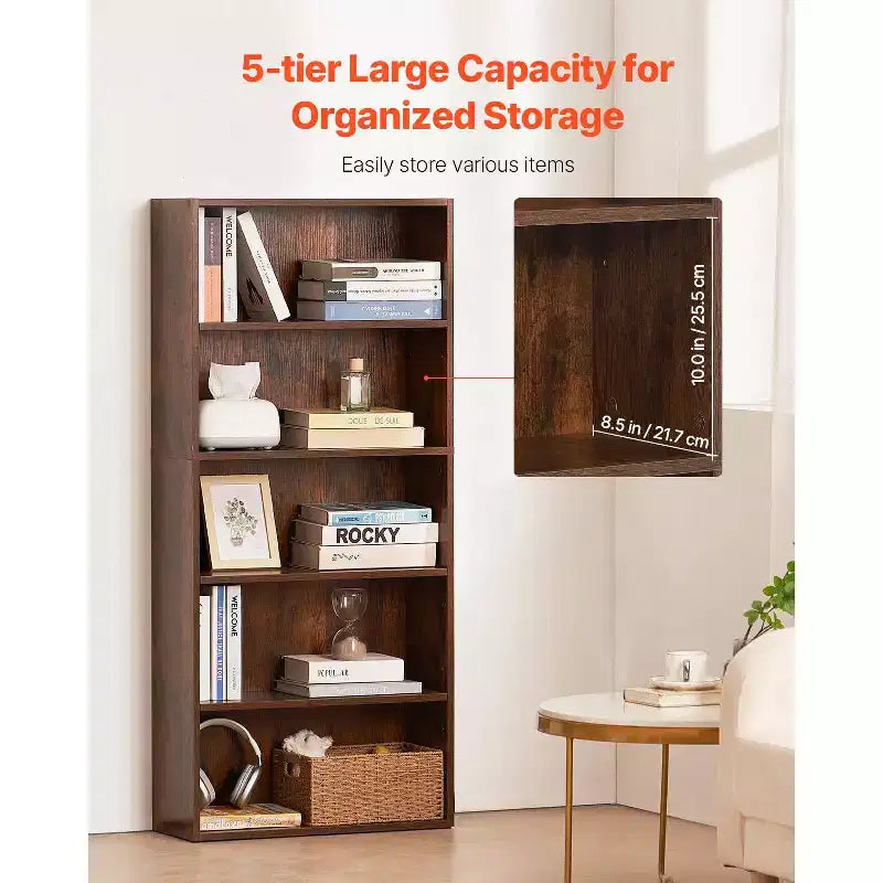 Libreria stretta a 5 ripiani, libreria aperta in legno da 135 cm con ripiani regolabili in altezza, libreria da terra alta autoportante