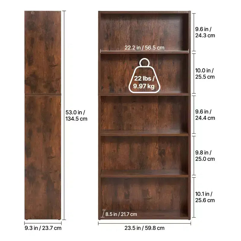 Libreria stretta a 5 ripiani, libreria aperta in legno da 135 cm con ripiani regolabili in altezza, libreria da terra alta autoportante