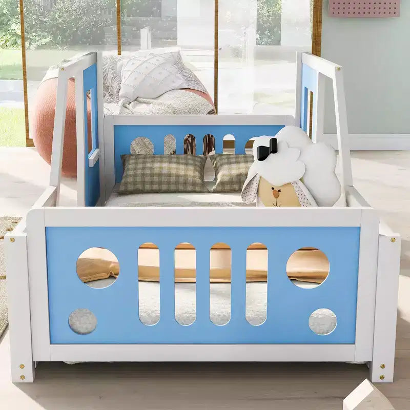 Struttura del letto singolo a forma di auto con ruote, letto a piattaforma classico a forma di auto con ruote per la camera da letto, blu