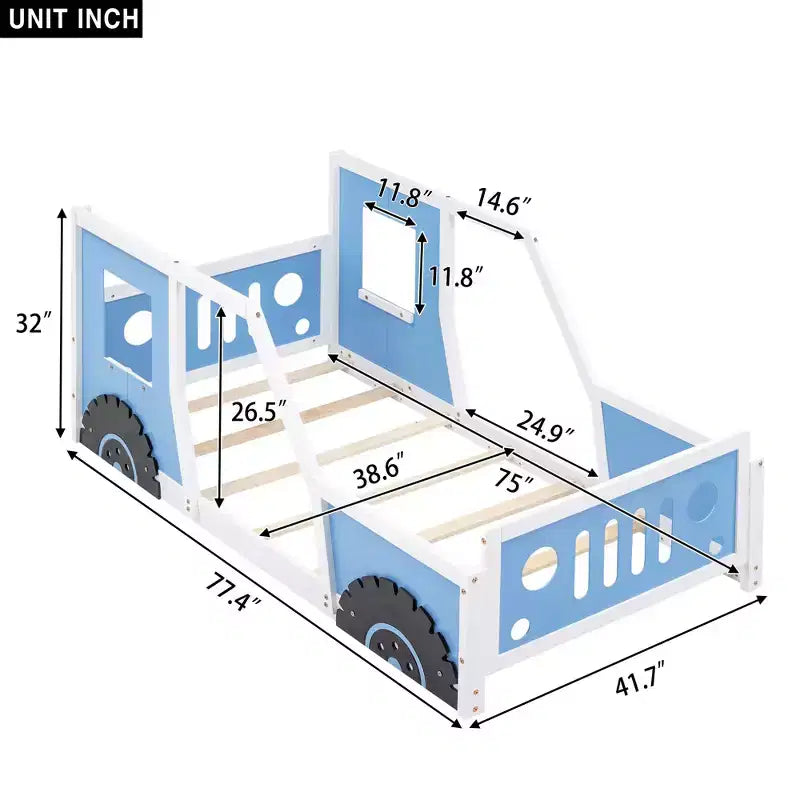 Struttura del letto singolo a forma di auto con ruote, letto a piattaforma classico a forma di auto con ruote per la camera da letto, blu