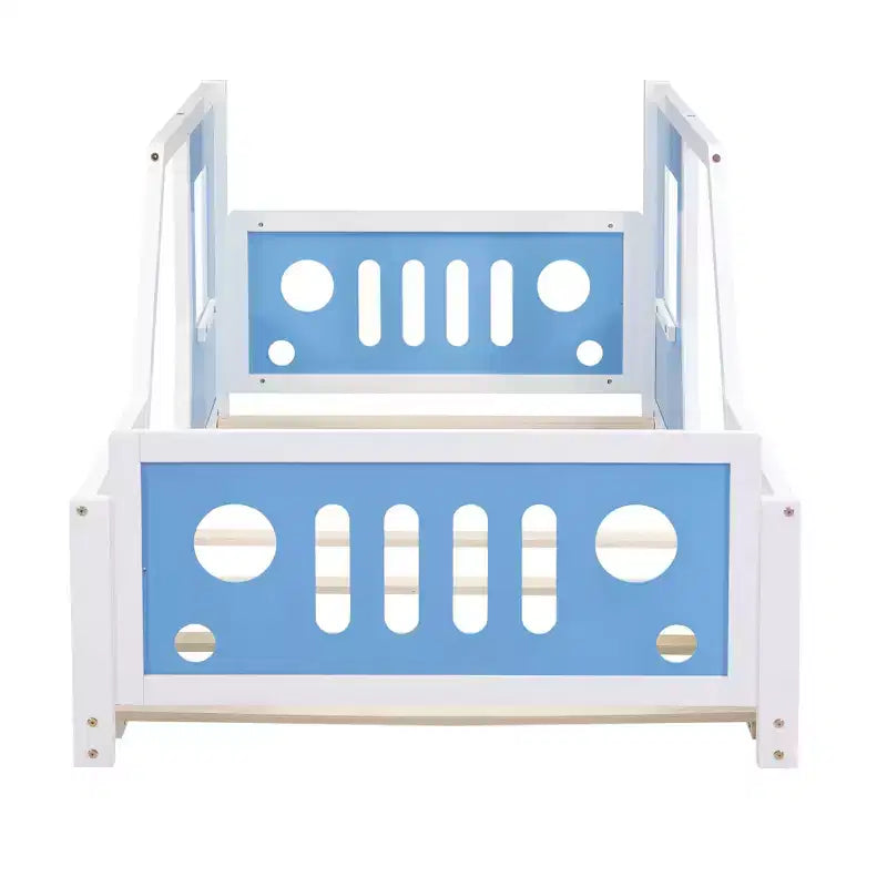 Struttura del letto singolo a forma di auto con ruote, letto a piattaforma classico a forma di auto con ruote per la camera da letto, blu