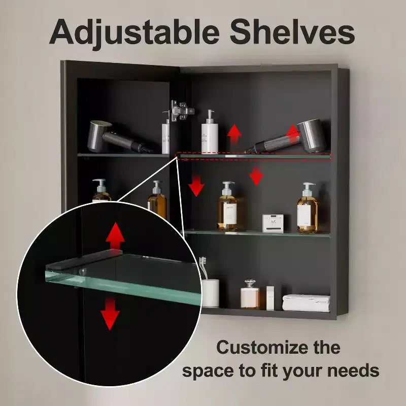 Mobiletto per medicinali con specchio, armadietto da bagno a incasso/montaggio a parete, specchio smussato, ripiani regolabili in vetro temperato, nero