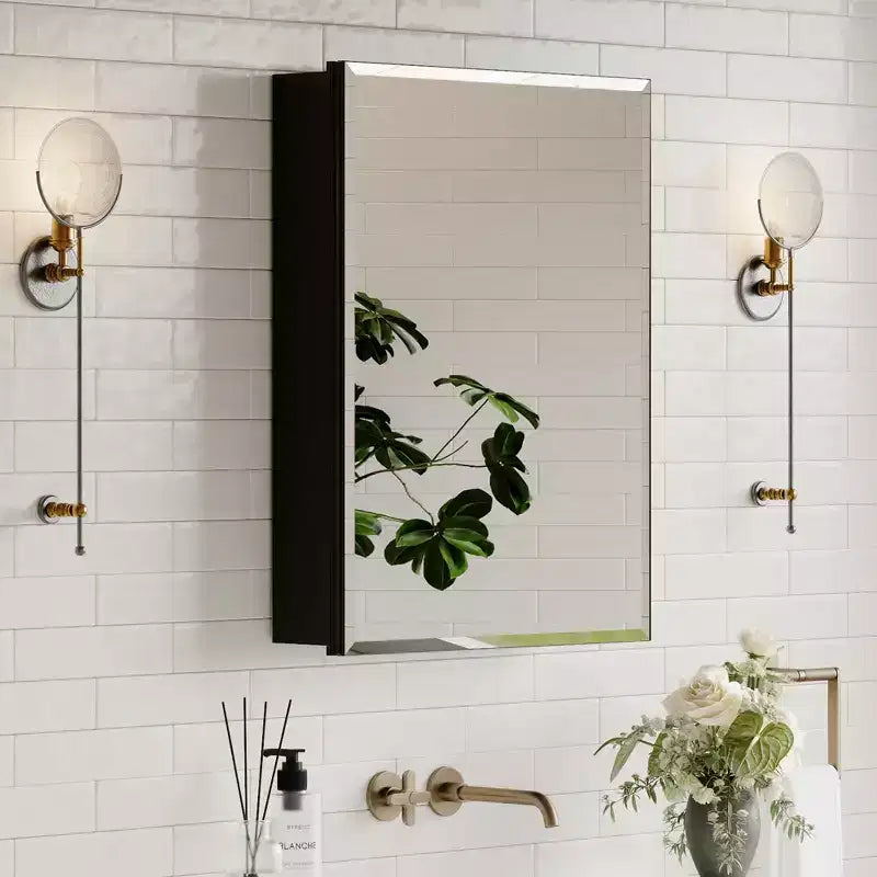 Belle Medicine Cabinet with Mirror, Recessed/Wall Mounted Cabinet for Bathroom, Beveled Mirror, Adjustable Tempered Glass Shelves, Black