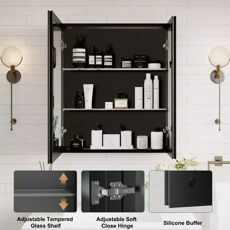 Mobiletto per medicinali con specchio, armadietto da bagno a incasso/montaggio a parete, specchio smussato, ripiani regolabili in vetro temperato, nero