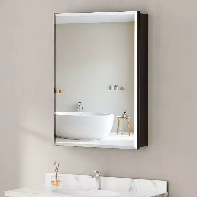 Mobiletto per medicinali con specchio, armadietto da bagno a incasso/montaggio a parete, specchio smussato, ripiani regolabili in vetro temperato, nero