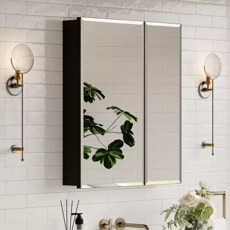 Mobiletto per medicinali con specchio, armadietto da bagno a incasso/montaggio a parete, specchio smussato, ripiani regolabili in vetro temperato, nero