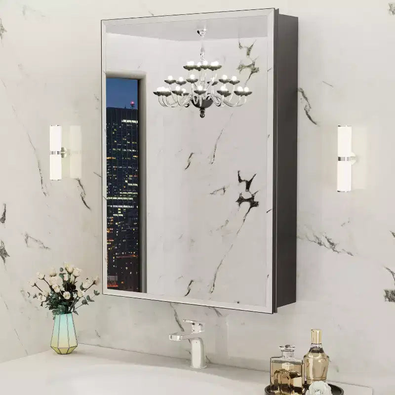 Mobiletto per medicinali con specchio, armadietto da bagno a incasso/montaggio a parete, specchio smussato, ripiani regolabili in vetro temperato, nero