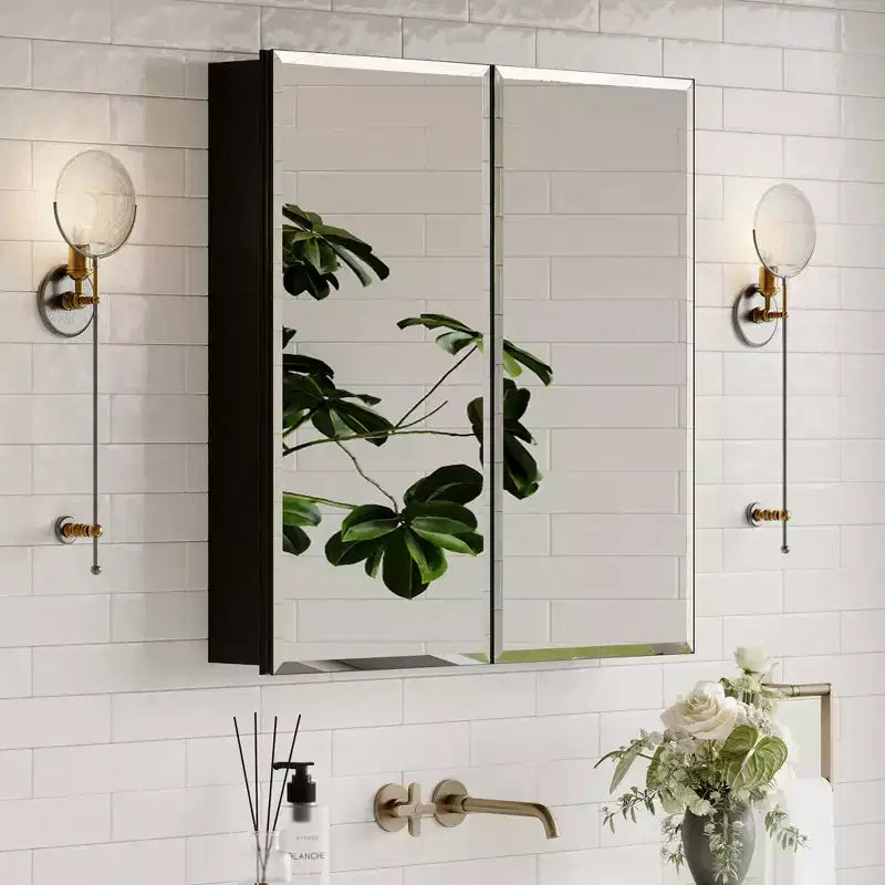Mobiletto per medicinali con specchio, armadietto da bagno a incasso/montaggio a parete, specchio smussato, ripiani regolabili in vetro temperato, nero