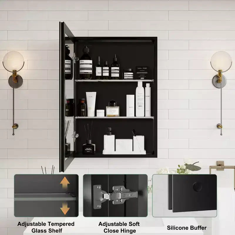 Mobiletto per medicinali con specchio, armadietto da bagno a incasso/montaggio a parete, specchio smussato, ripiani regolabili in vetro temperato, nero