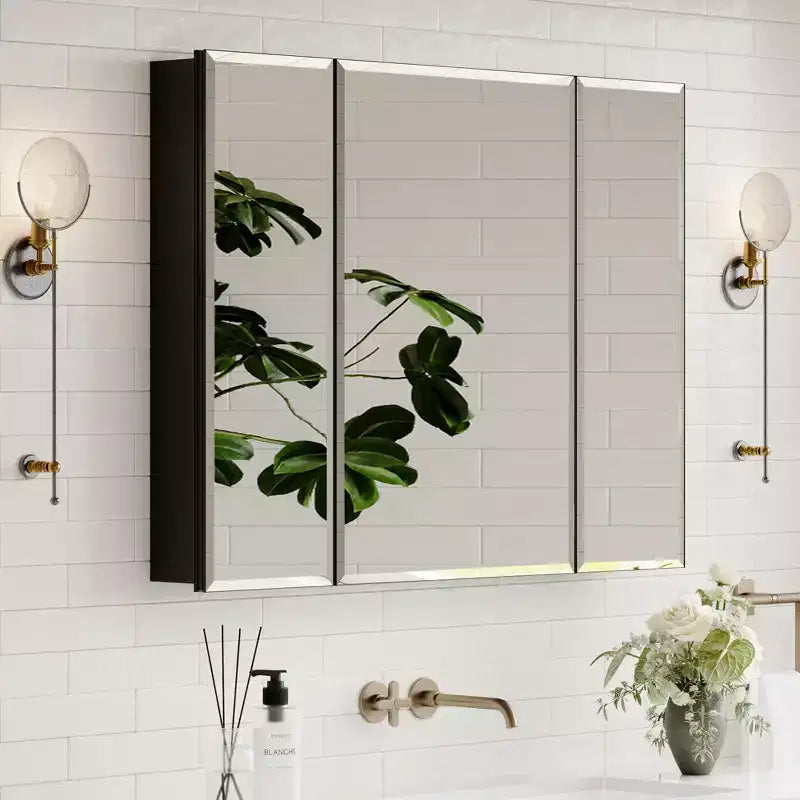 Mobiletto per medicinali con specchio, armadietto da bagno a incasso/montaggio a parete, specchio smussato, ripiani regolabili in vetro temperato, nero