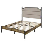 CLIHOME Wood Bed Frame with Upholstered Headboard , Platform Bed Frame with Charging Station and LED Lights