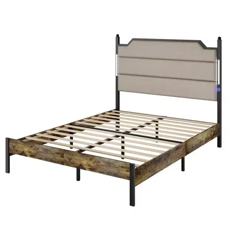 CLIHOME Wood Bed Frame with Upholstered Headboard , Platform Bed Frame with Charging Station and LED Lights