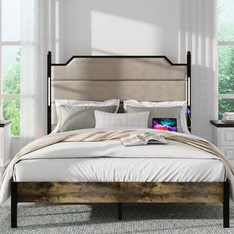 Struttura Letto in Legno con Testiera Imbottita, Struttura Letto a Piattaforma con Stazione di Ricarica e Luci LED