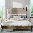 Struttura Letto in Legno con Testiera Imbottita, Struttura Letto a Piattaforma con Stazione di Ricarica e Luci LED