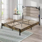 Struttura Letto in Legno con Testiera Imbottita, Struttura Letto a Piattaforma con Stazione di Ricarica e Luci LED