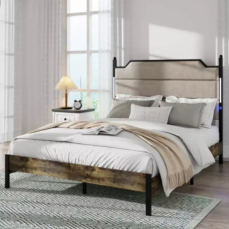 Struttura Letto in Legno con Testiera Imbottita, Struttura Letto a Piattaforma con Stazione di Ricarica e Luci LED