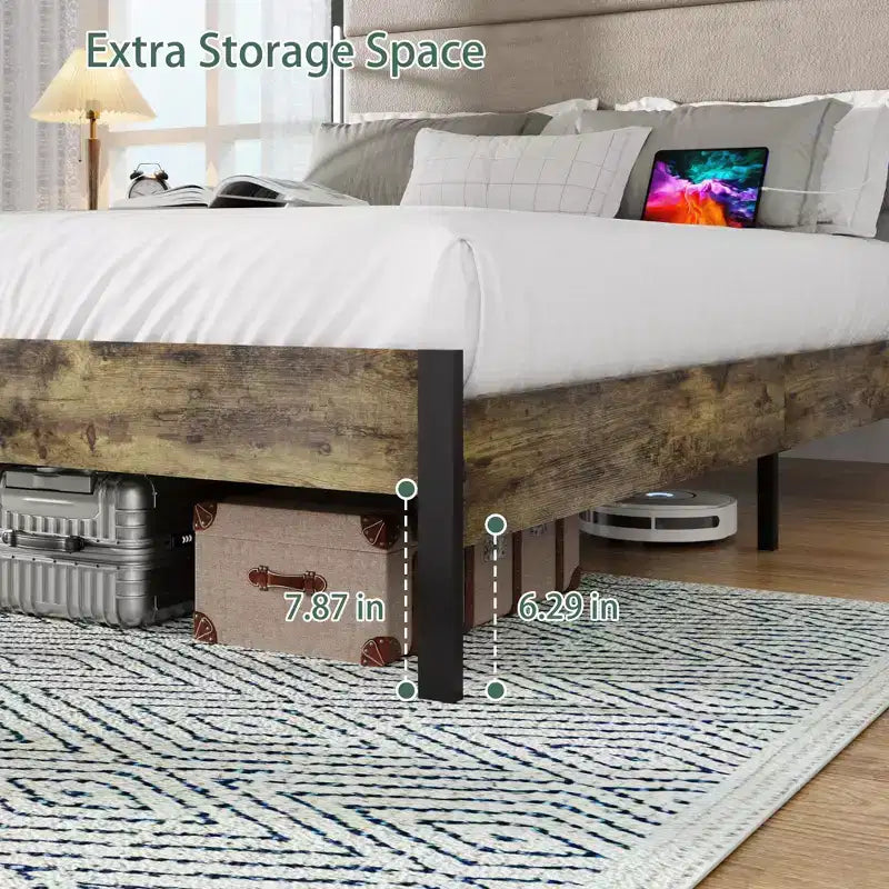 Struttura Letto in Legno con Testiera Imbottita, Struttura Letto a Piattaforma con Stazione di Ricarica e Luci LED