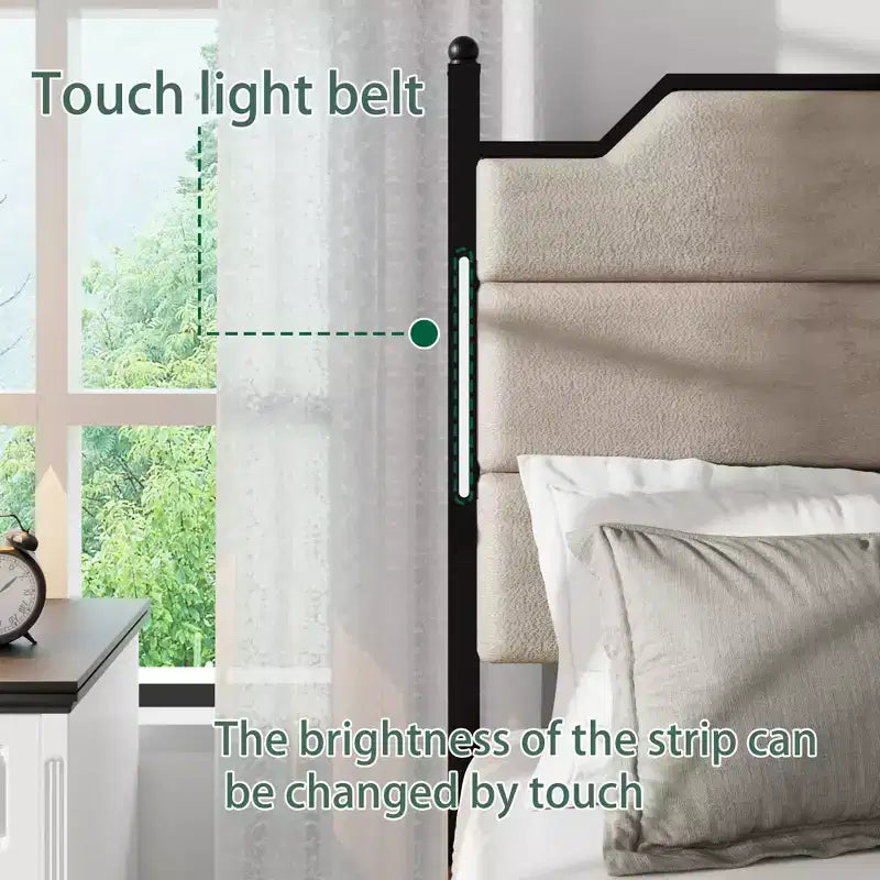 Struttura Letto in Legno con Testiera Imbottita, Struttura Letto a Piattaforma con Stazione di Ricarica e Luci LED