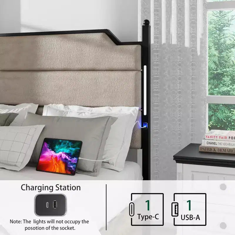 Struttura Letto in Legno con Testiera Imbottita, Struttura Letto a Piattaforma con Stazione di Ricarica e Luci LED
