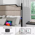 Struttura Letto in Legno con Testiera Imbottita, Struttura Letto a Piattaforma con Stazione di Ricarica e Luci LED