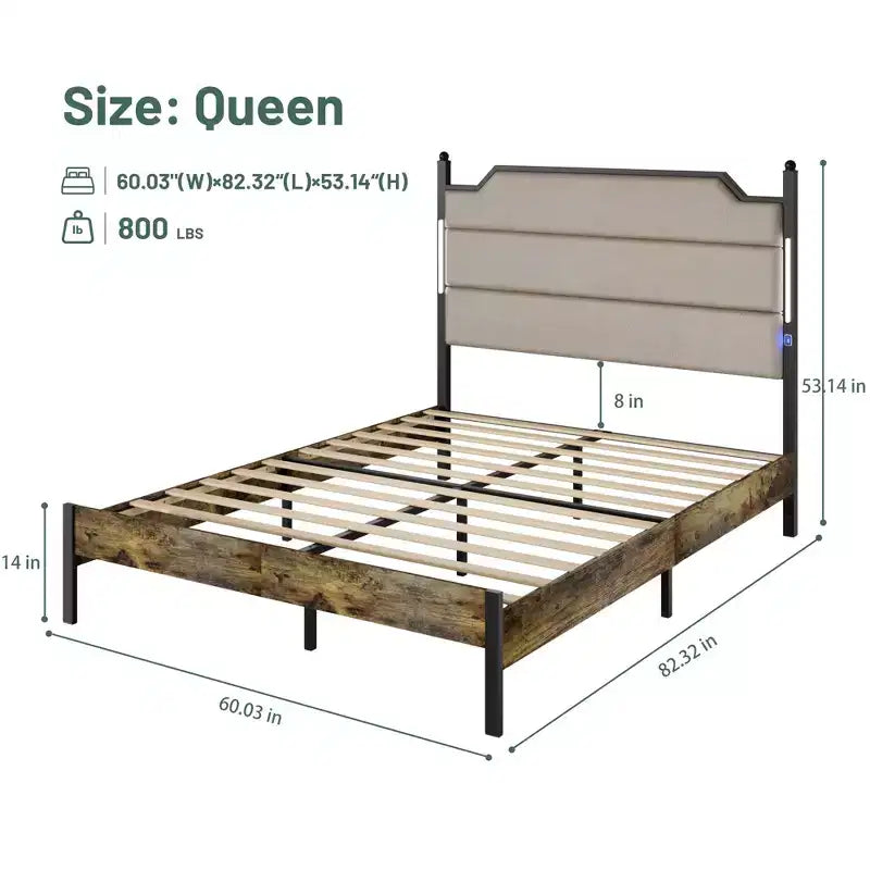 Struttura Letto in Legno con Testiera Imbottita, Struttura Letto a Piattaforma con Stazione di Ricarica e Luci LED