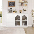 GARVEE 48 Sideboard Buffet Cabinet with Glass Doors and Led Lights, Modern Buffet Table with 3 Storage Drawers for Kitchen, Dining Room, White