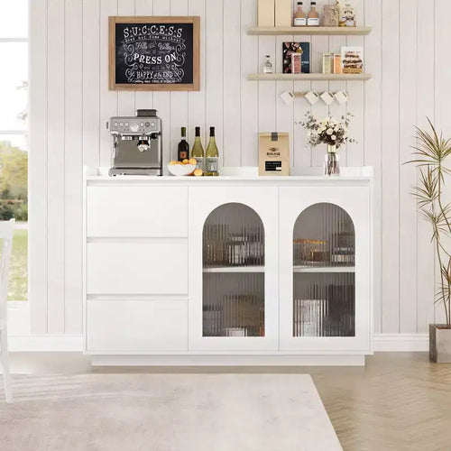 GARVEE 48 Sideboard Buffet Cabinet with Glass Doors and Led Lights, Modern Buffet Table with 3 Storage Drawers for Kitchen, Dining Room, White