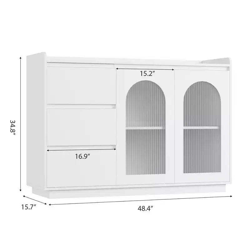 Credenza da 48 pollici con ante in vetro e luci a LED, tavolo buffet moderno con 3 cassetti per cucina, sala da pranzo, bianco