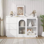 Credenza da 48 pollici con ante in vetro e luci a LED, tavolo buffet moderno con 3 cassetti per cucina, sala da pranzo, bianco