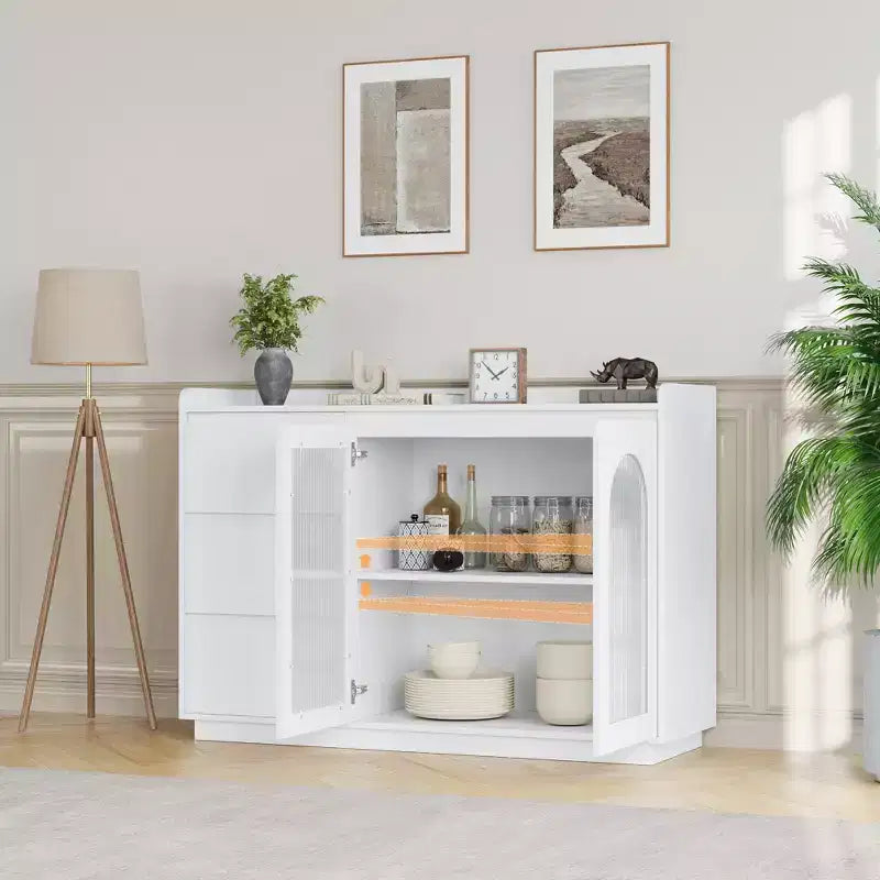 Credenza da 48 pollici con ante in vetro e luci a LED, tavolo buffet moderno con 3 cassetti per cucina, sala da pranzo, bianco
