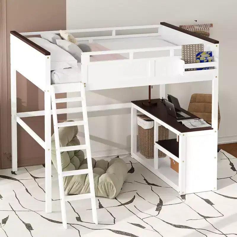 GDFStudio Jacqueline Modern Wood Queen Size Loft Bed with Desk and Charging Port