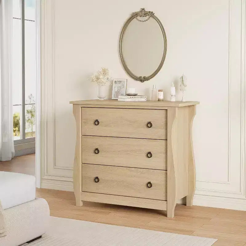 Cassettiera a 3 cassetti Comò alto moderno Boho con gambe curve, dettagli in rattan e contenitore versatile per camera da letto, soggiorno, ingresso o balcone