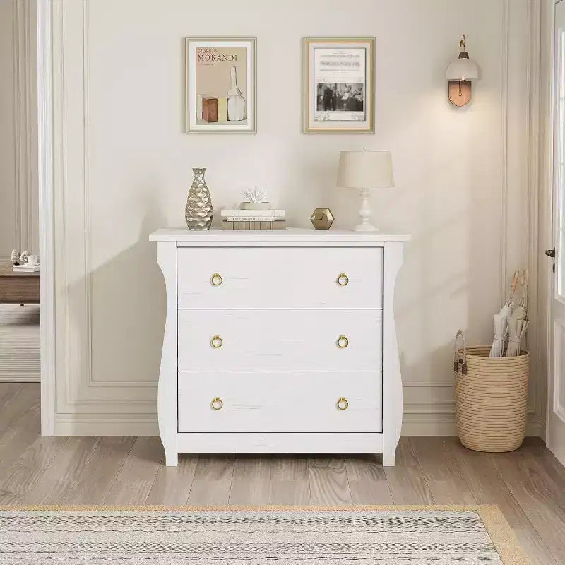 Cassettiera a 3 cassetti Comò alto moderno Boho con gambe curve, dettagli in rattan e contenitore versatile per camera da letto, soggiorno, ingresso o balcone