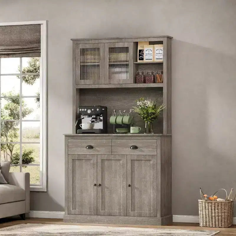 71 Tall Grey Kitchen Pantry Cabinet with Microwave Stand  Freestanding Storage with Glass Doors, Adjustable Shelves & Coffee Bar for Dining Room