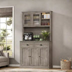 71 Tall Grey Kitchen Pantry Cabinet with Microwave Stand  Freestanding Storage with Glass Doors, Adjustable Shelves & Coffee Bar for Dining Room