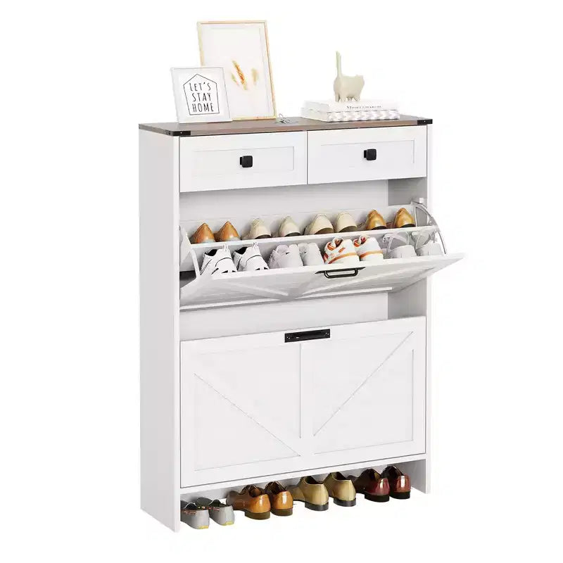Shoe Storage Cabinet with 2 Flip Drawers and 2 Storage Cabinet, Entryway Shoe Rack, Farmhouse Wooden Shoe Cabinet for Hallway and Entryway