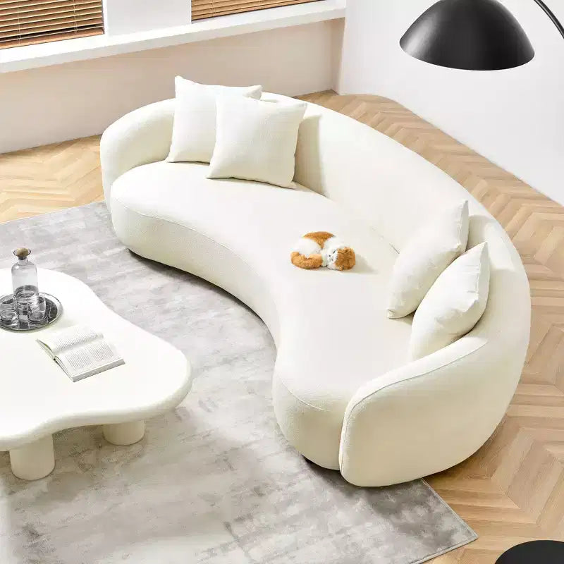 101-Inch Mid-Century Sofa with White Teddy Fabric & 4 Pillows, U-Shaped Sectional for Living Room