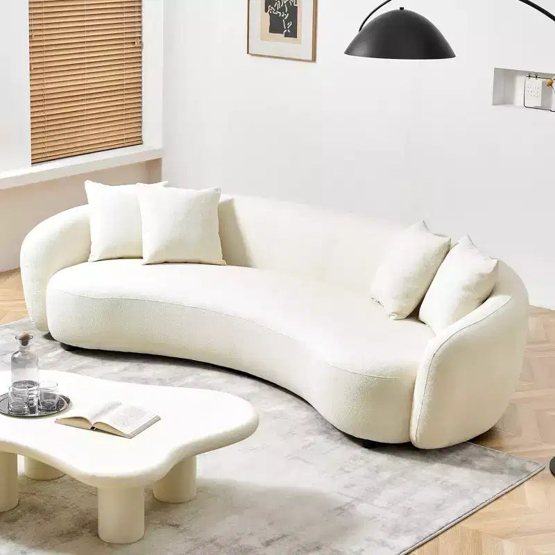 Divano Mid-Century da 101 Pollici con Tessuto Teddy Bianco e 4 Cuscini, Sezionale a U per Soggiorno