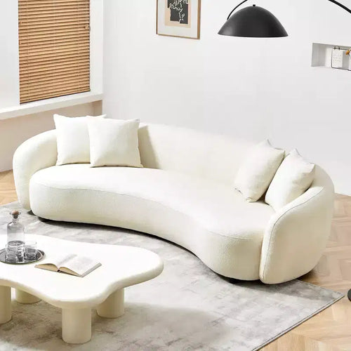 Divano Mid-Century da 101 Pollici con Tessuto Teddy Bianco e 4 Cuscini, Sezionale a U per Soggiorno