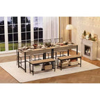 Set da pranzo per 4 con panca, con scaffale portaoggetti, cassetti, sedie da pranzo in legno, design moderno compatto, tavolo da pranzo multifunzionale
