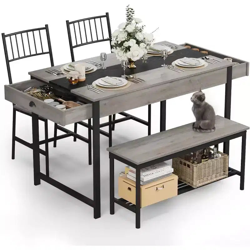 Set da pranzo per 4 con panca, con scaffale portaoggetti, cassetti, sedie da pranzo in legno, design moderno compatto, tavolo da pranzo multifunzionale