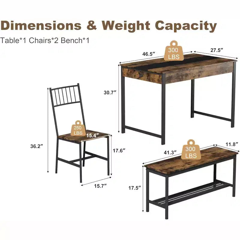 Set da pranzo per 4 con panca, con scaffale portaoggetti, cassetti, sedie da pranzo in legno, design moderno compatto, tavolo da pranzo multifunzionale