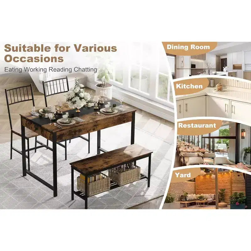 Set da pranzo per 4 con panca, con scaffale portaoggetti, cassetti, sedie da pranzo in legno, design moderno compatto, tavolo da pranzo multifunzionale