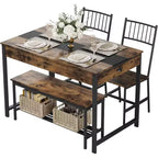 Set da pranzo per 4 con panca, con scaffale portaoggetti, cassetti, sedie da pranzo in legno, design moderno compatto, tavolo da pranzo multifunzionale