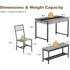 Set da pranzo per 4 con panca, con scaffale portaoggetti, cassetti, sedie da pranzo in legno, design moderno compatto, tavolo da pranzo multifunzionale