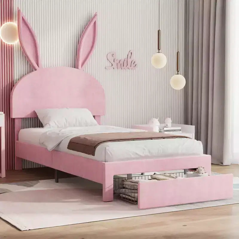 VECELO Twin Upholstered Bed Frame, Girls Bed with Rabbit Headboard Adjustable, Princess Platform Bed with Storage Drawer, Velvet Pink
