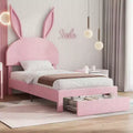 VECELO Twin Upholstered Bed Frame, Girls Bed with Rabbit Headboard Adjustable, Princess Platform Bed with Storage Drawer, Velvet Pink