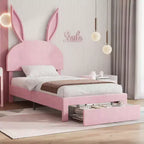 VECELO Twin Upholstered Bed Frame, Girls Bed with Rabbit Headboard Adjustable, Princess Platform Bed with Storage Drawer, Velvet Pink
