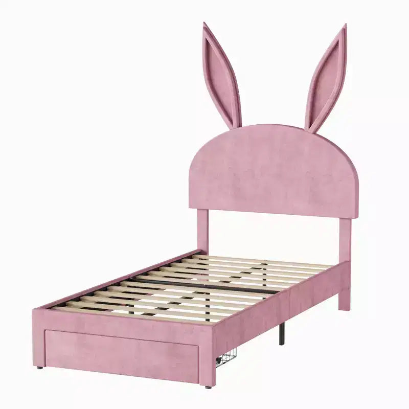 VECELO Letto Singolo Imbottito, Letto per Bambine con Testiera a Coniglio Regolabile, Letto a Piattaforma da Principessa con Cassetto Contenitore, Velluto Rosa