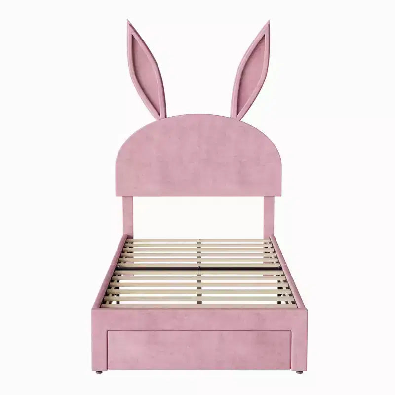 VECELO Letto Singolo Imbottito, Letto per Bambine con Testiera a Coniglio Regolabile, Letto a Piattaforma da Principessa con Cassetto Contenitore, Velluto Rosa